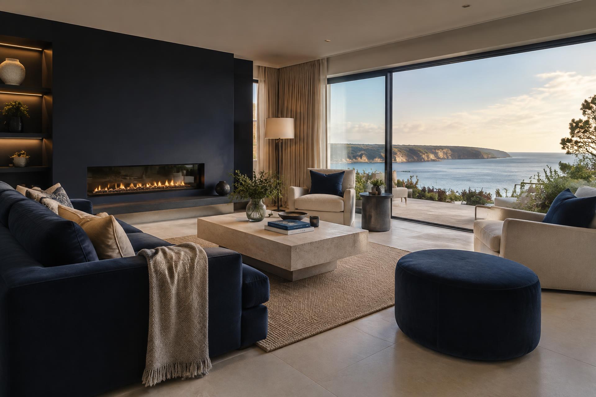 Immaculate luxury coastal living room prepared for guests